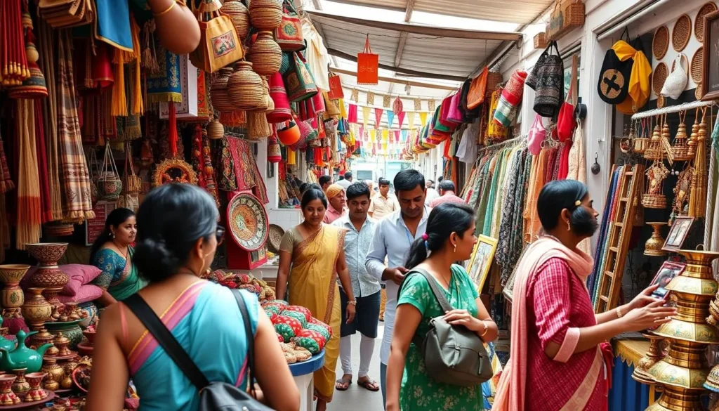 Tourists shopping for handcrafted souvenirs in a Puducherry market