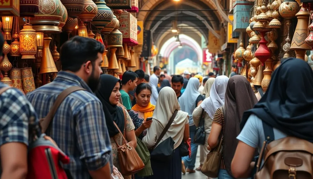 Tourists shopping for traditional crafts and souvenirs at Khan el-Khalili bazaar in Cairo, Egypt