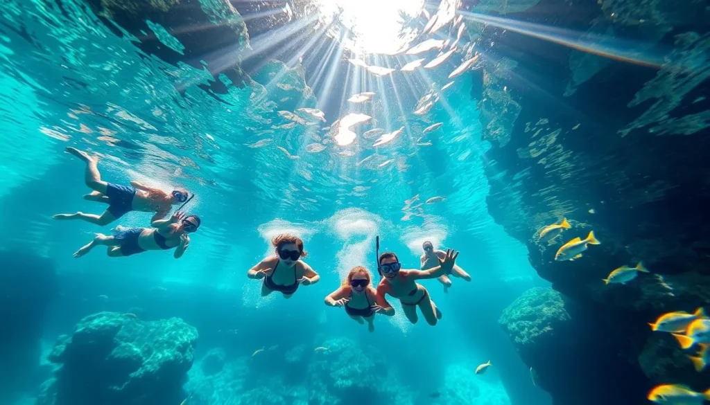 Tourists snorkeling in the crystal clear waters of a cenote in Yucatan, Mexico