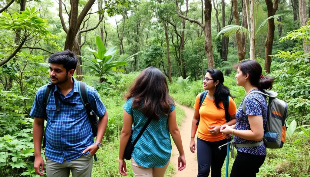 Tourists trekking through the lush forests of Pachmarhi with a guide pointing out local flora and fauna