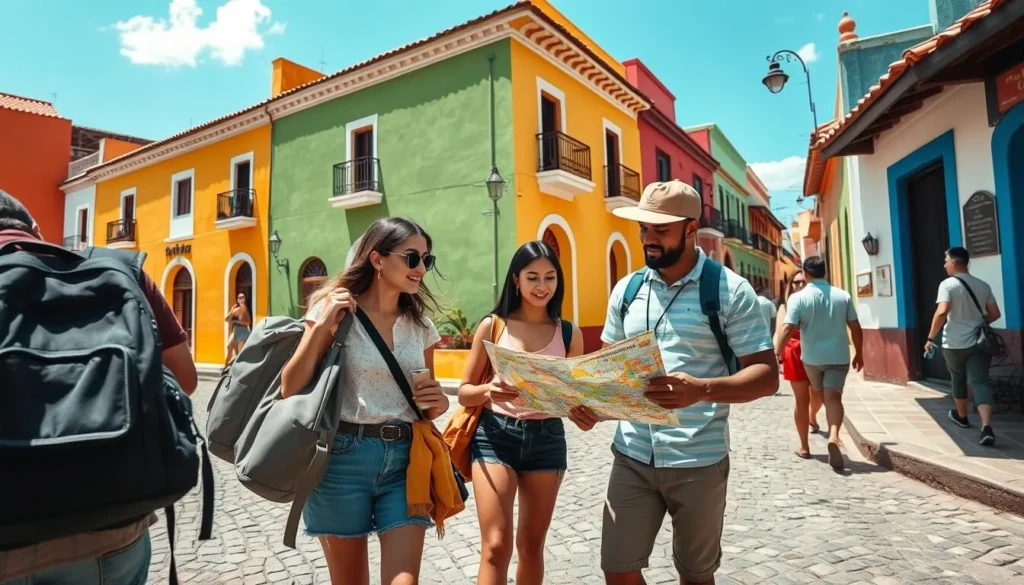 Tourists using a map while exploring a colorful Mexican town