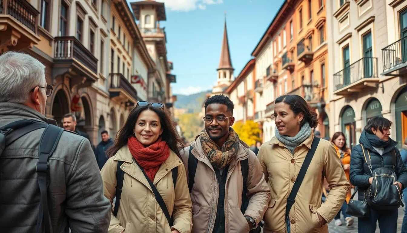 Tourists with appropriate seasonal clothing exploring Tbilisi Old Town during autumn