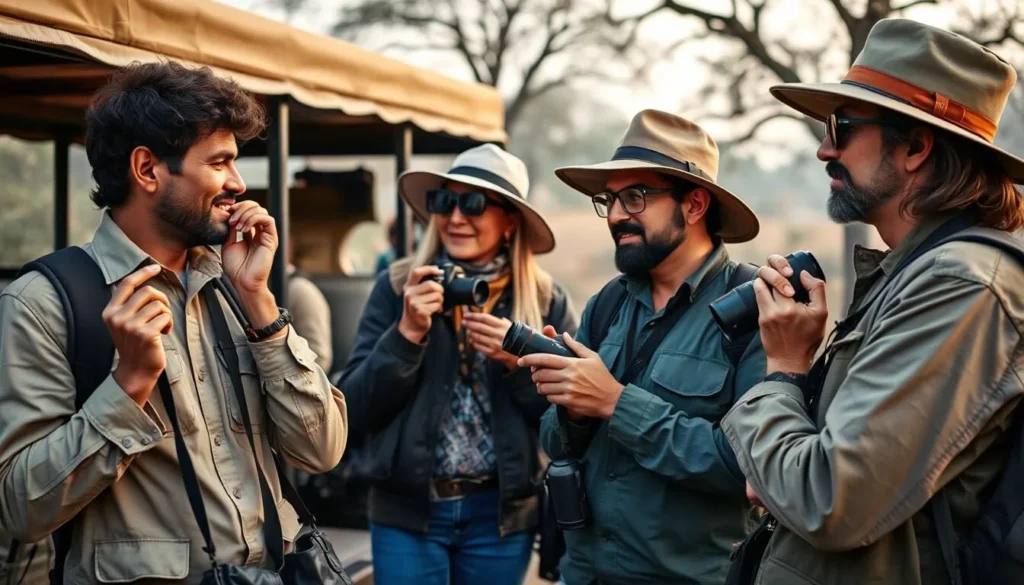 Tourists with binoculars and cameras preparing for a safari in Bandhavgarh