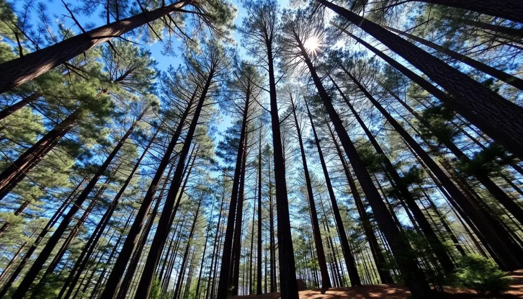 Towering white pine trees in White Pines Forest Nature Preserve with sunlight filtering through Towering white pine trees in White Pines Forest Nature Preserve with sunlight filtering through