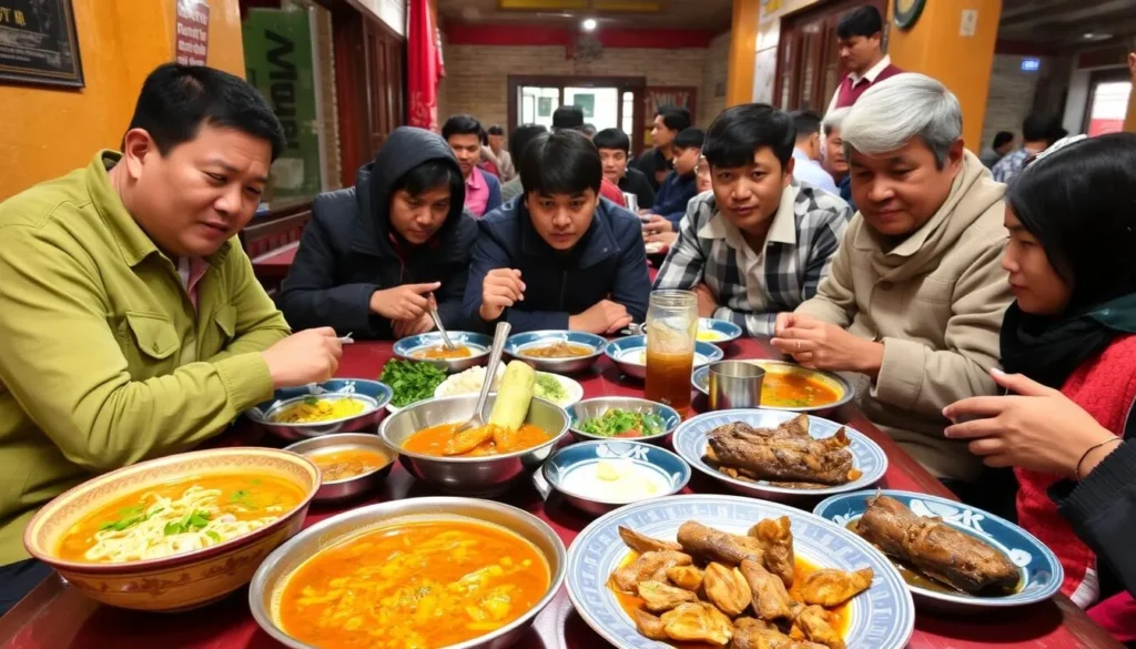 Traditional Arunachali cuisine featuring Thukpa, Apong, and other local dishes served in a local restaurant