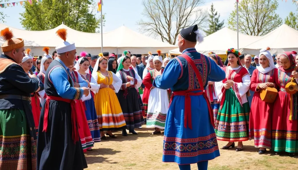 Traditional Bashkir celebration with people in colorful national costumes performing folk dances Traditional Bashkir celebration with people in colorful national costumes performing folk dances