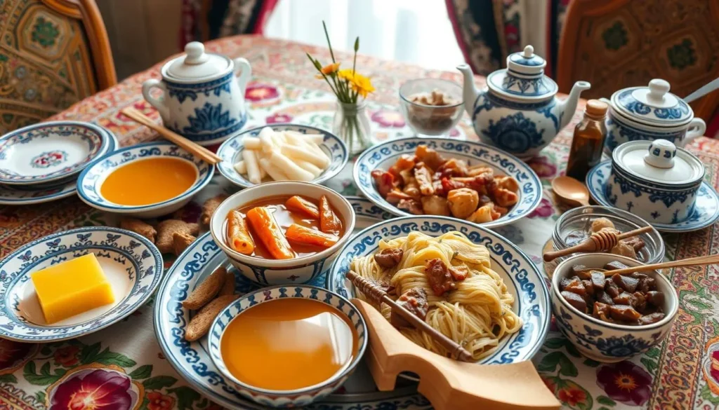 Traditional Bashkir cuisine featuring beshbarmak, honey, and kumis (fermented mare's milk) on a decorated table Traditional Bashkir cuisine featuring beshbarmak, honey, and kumis (fermented mare's milk) on a decorated table