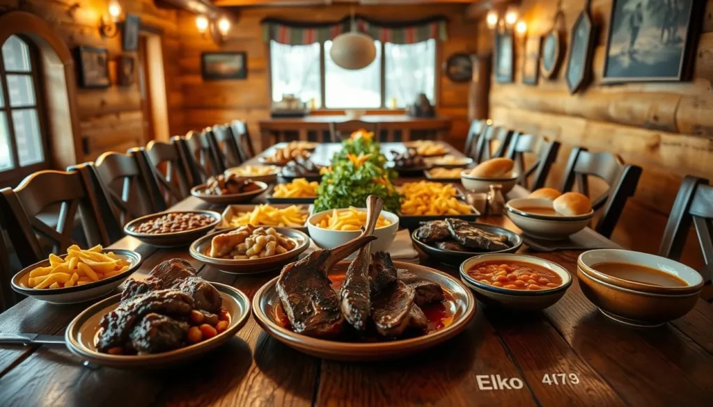 Traditional Basque family-style meal with various dishes on a long table Traditional Basque family-style meal with various dishes on a long table