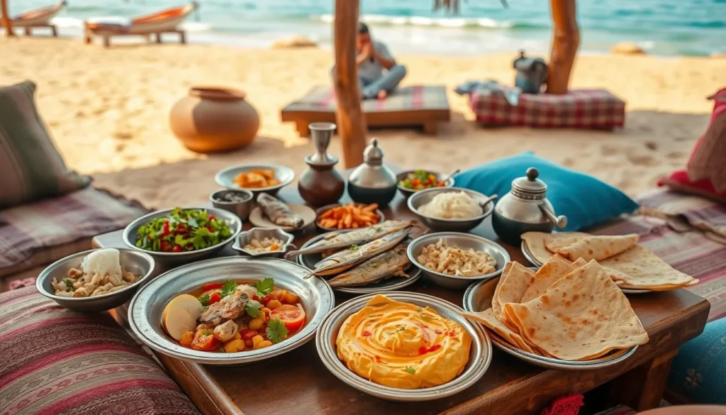 Traditional Bedouin meal served at a beachside restaurant in Nuweiba