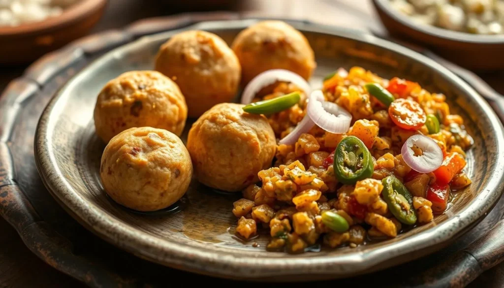 Traditional Bihari dish Litti Chokha served on a rustic plate Traditional Bihari dish Litti Chokha served on a rustic plate