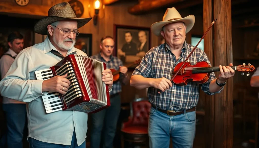 Traditional Cajun music performance with accordion and fiddle players