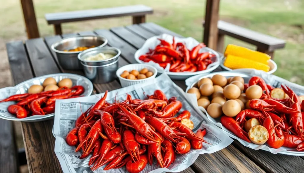 Traditional Cajun seafood boil with crawfish, corn, and potatoes served on a picnic table