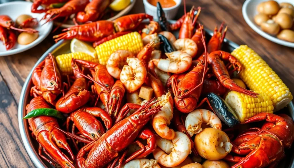 Traditional Cajun seafood platter with crawfish, shrimp, and crab