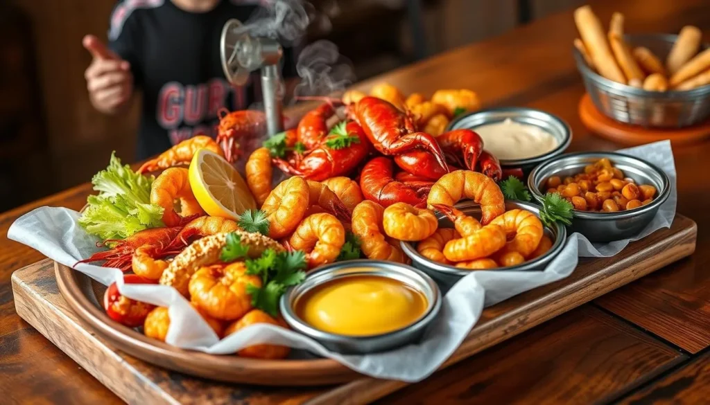 Traditional Cajun seafood platter with crawfish, shrimp and local sides representing Louisiana cuisine Traditional Cajun seafood platter with crawfish, shrimp and local sides representing Louisiana cuisine