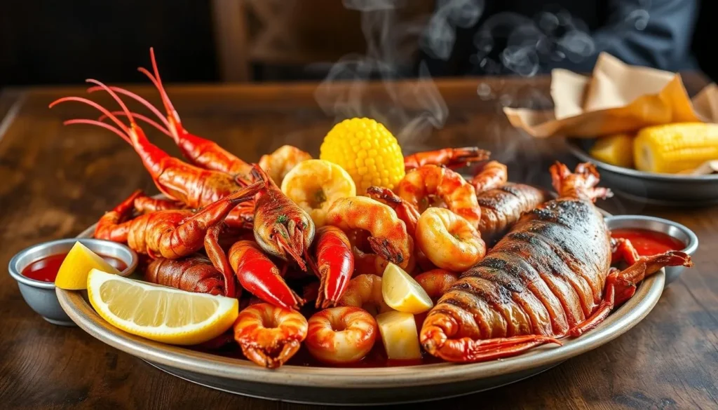 Traditional Cajun seafood platter with crawfish, shrimp, and local specialties from Vermilion Bay Louisiana