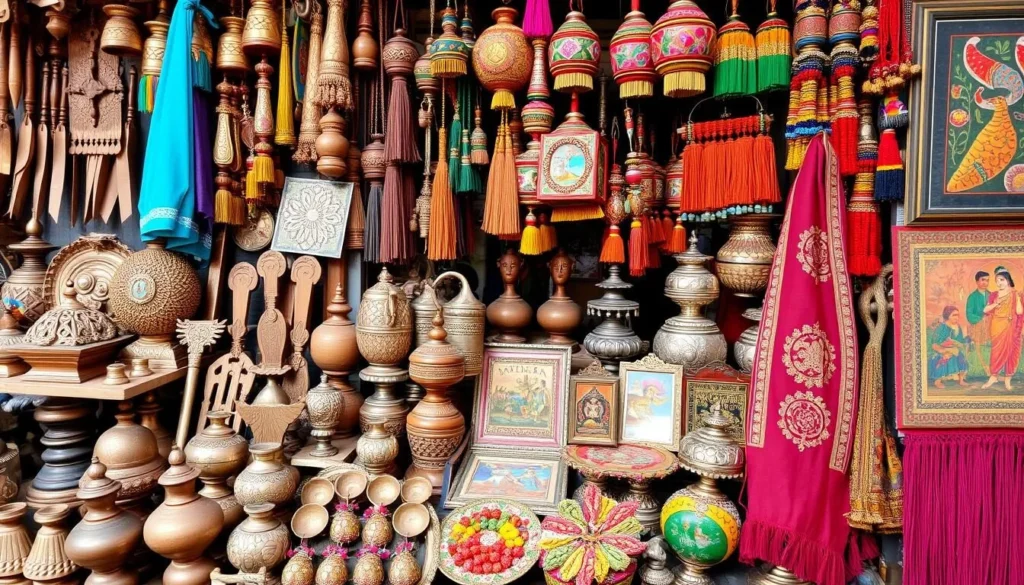 Traditional Chhattisgarhi handicrafts and tribal art products at a local market Traditional Chhattisgarhi handicrafts and tribal art products at a local market