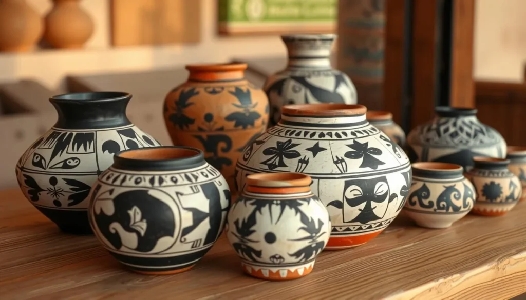 Traditional Cochiti Pueblo pottery with distinctive black and white designs