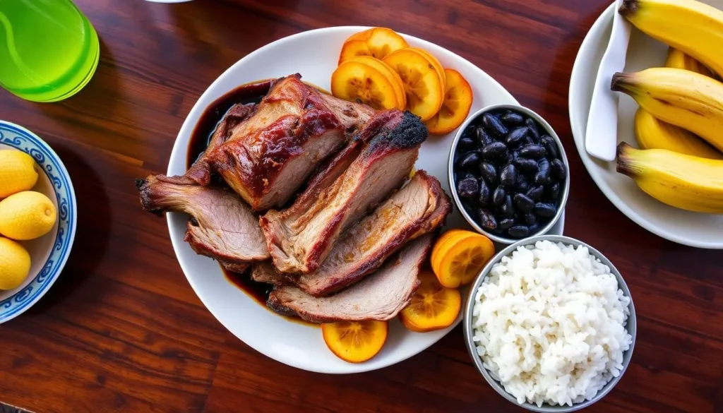 Traditional Cuban meal in Yaguajay with roast pork, rice, beans, and tropical fruits