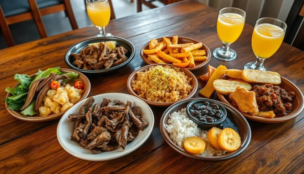 Traditional Cuban meal served at a restaurant in Vinales featuring ropa vieja, congri, and fresh vegetables
