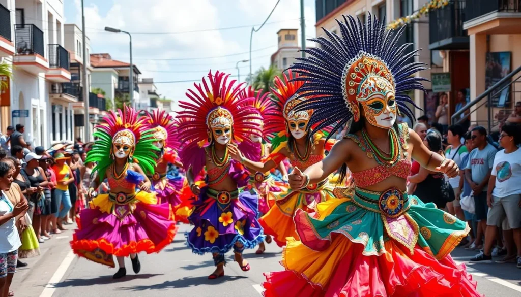 Traditional Dominican carnival dancers in colorful costumes