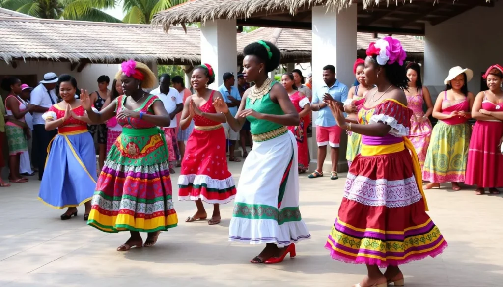 Traditional Dominican cultural performance with dancers in colorful costumes