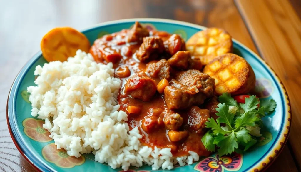 Traditional Dominican food including La Bandera Dominicana with rice, beans, and meat