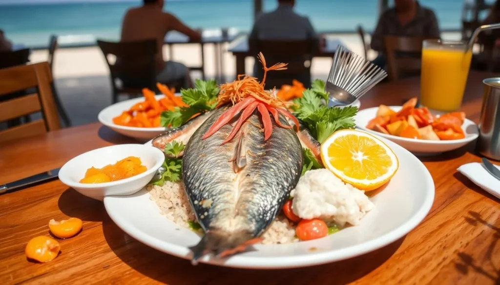 Traditional Dominican seafood dish served at a beachfront restaurant in Sosua