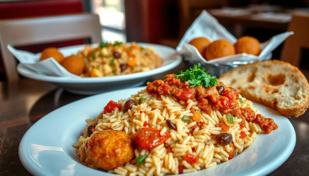 Traditional Egyptian cuisine including koshari, ta'ameya, and fresh bread served at a local restaurant