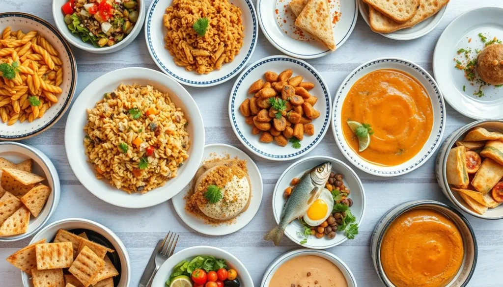 Traditional Egyptian food spread including koshari, falafel, and fresh seafood
