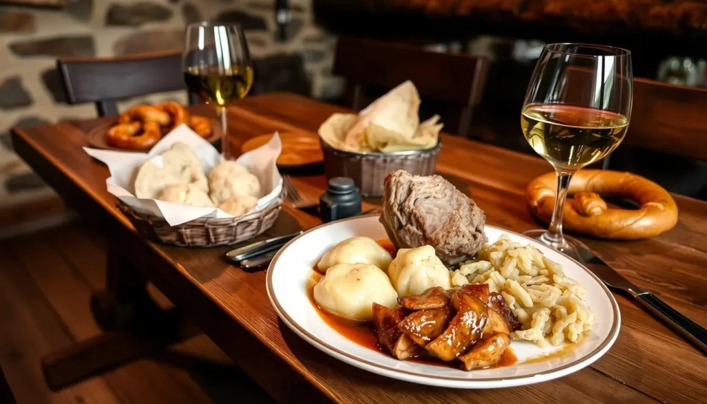 Traditional Franconian meal served in a rustic restaurant in Rothenburg