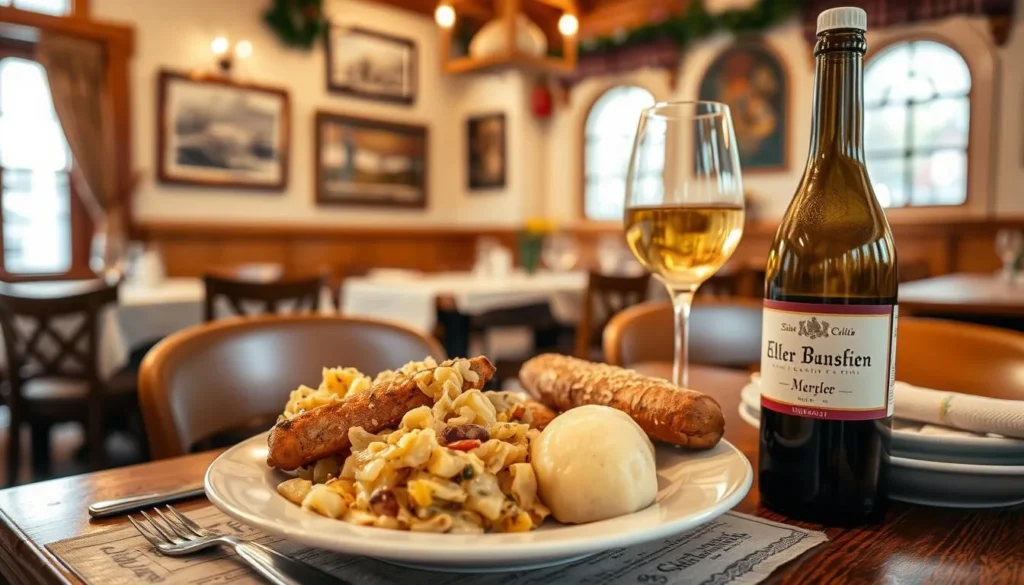 Traditional Franconian meal with wine in a Würzburg restaurant