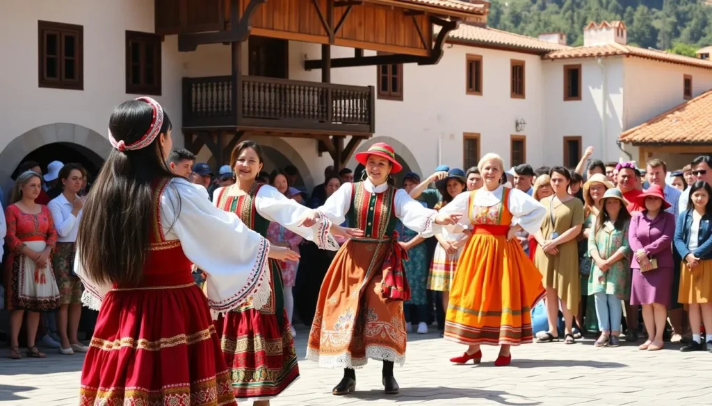 Traditional Georgian folk dancers performing at a cultural festival with colorful costumes and diverse audience