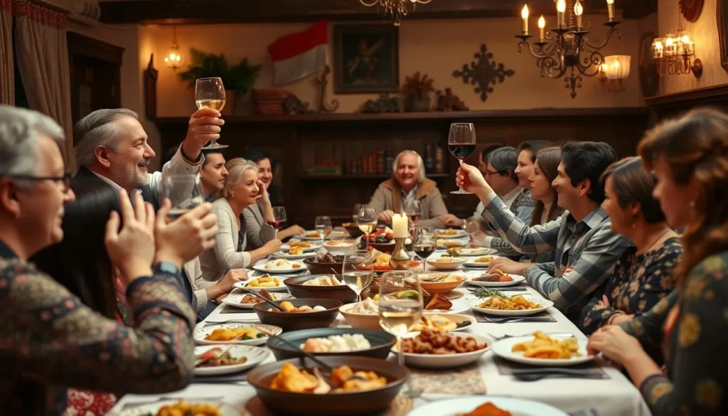 Traditional Georgian supra feast with toastmaster leading toasts and diverse guests participating
