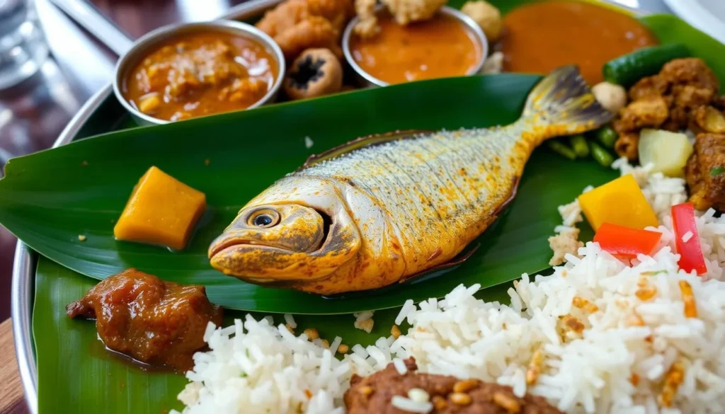 Traditional Goan fish curry thali served in a restaurant