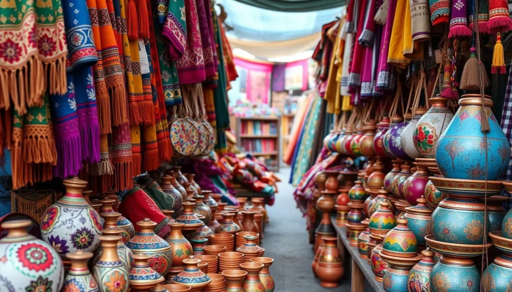 Traditional Gujarati handicrafts including bandhani textiles, embroidery, and pottery for sale in a market