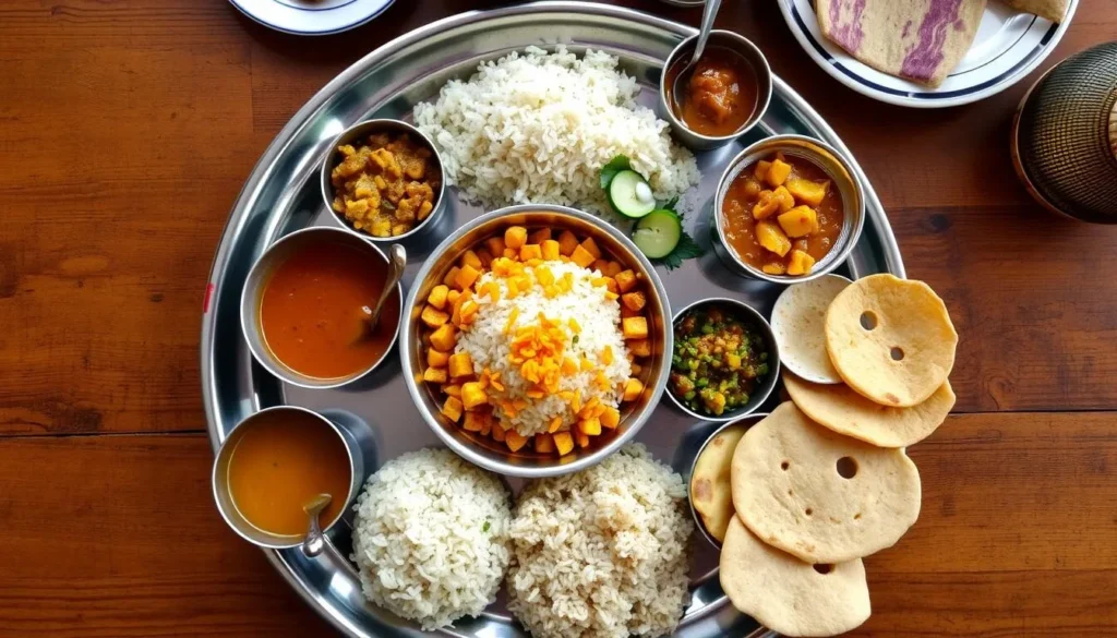 Traditional Gujarati thali with various dishes served on a plate Traditional Gujarati thali with various dishes served on a plate