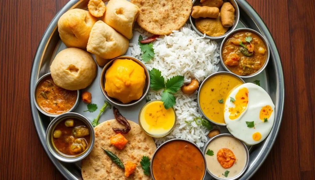 Traditional Gujarati thali with various vegetarian dishes, sweets, and accompaniments