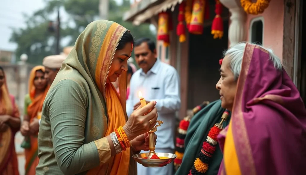 Traditional Gujarati welcome ceremony with aarti and tilak being applied to visitors