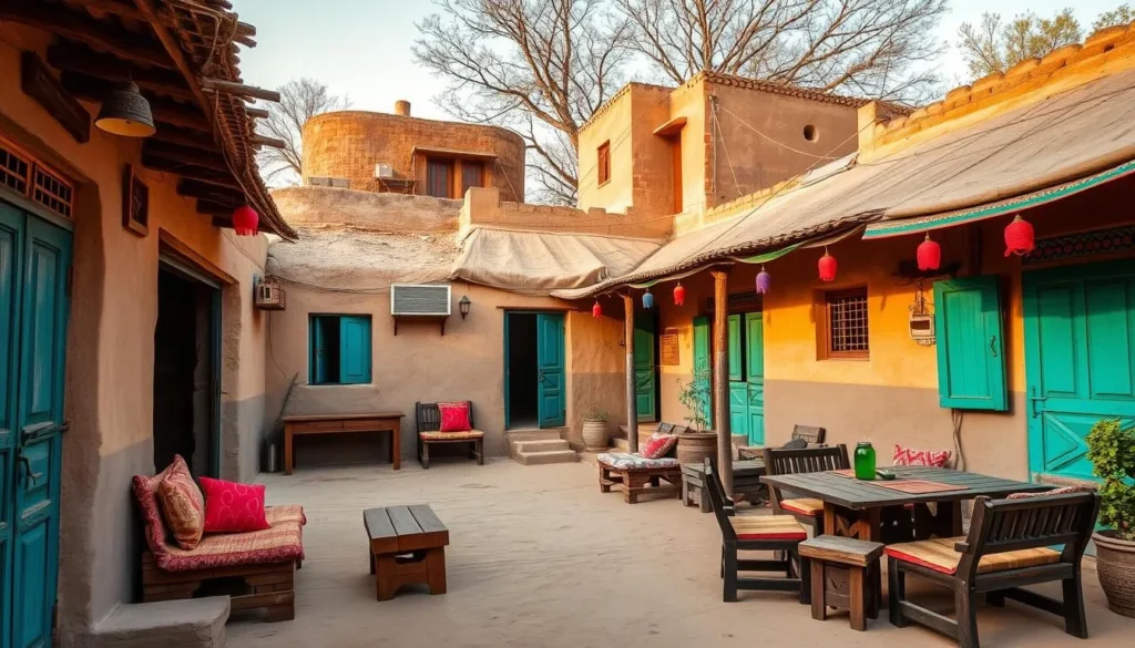 Traditional Haryanvi farm stay with mud houses and colorful decorations Traditional Haryanvi farm stay with mud houses and colorful decorations