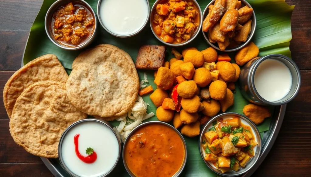 Traditional Haryanvi thali with various dishes served on a banana leaf Traditional Haryanvi thali with various dishes served on a banana leaf
