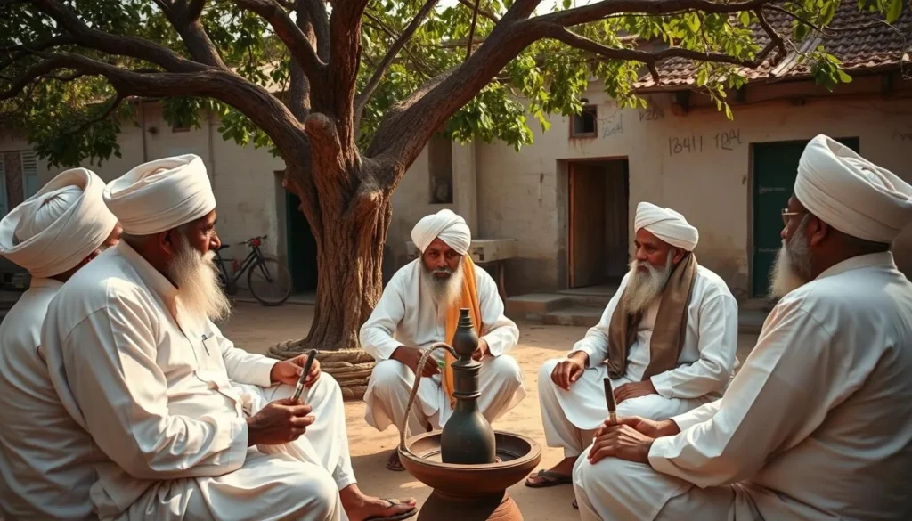 Traditional Haryanvi village elders sharing a hookah in a rural setting Traditional Haryanvi village elders sharing a hookah in a rural setting