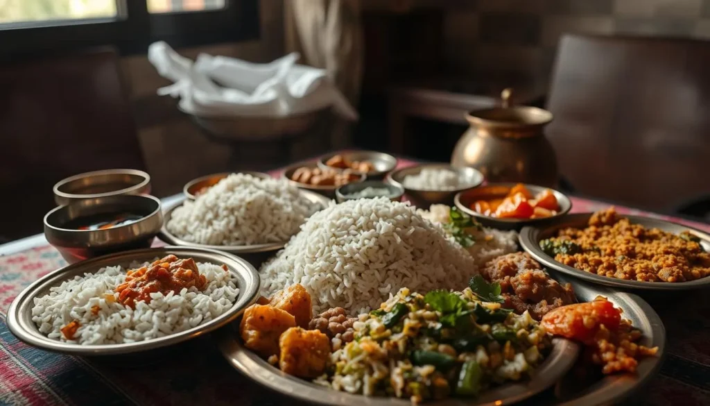 Traditional Himachali Dham meal served on brass plates