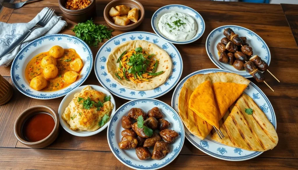 Traditional Ingush food including chapilgush (cheese-filled flatbread) and other local dishes Traditional Ingush food including chapilgush (cheese-filled flatbread) and other local dishes