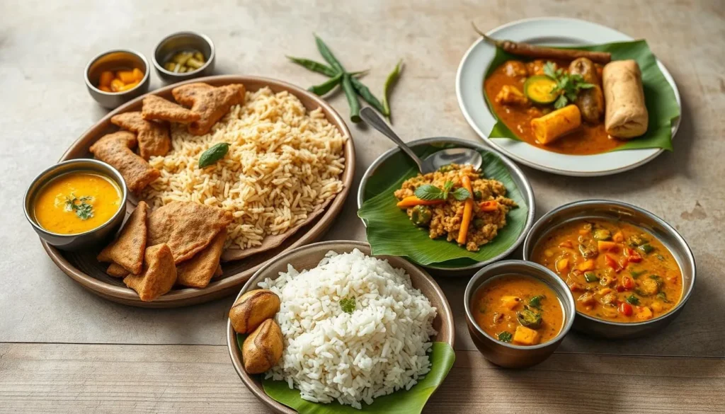 Traditional Jharkhand tribal cuisine served on banana leaves including rice, litti chokha, and bamboo shoot dishes