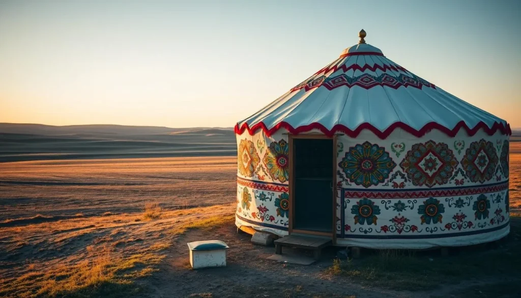 Traditional Kalmyk yurt accommodation with colorful decorations set against the steppe landscape