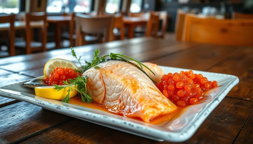Traditional Kamchatka seafood dish featuring fresh salmon and red caviar
