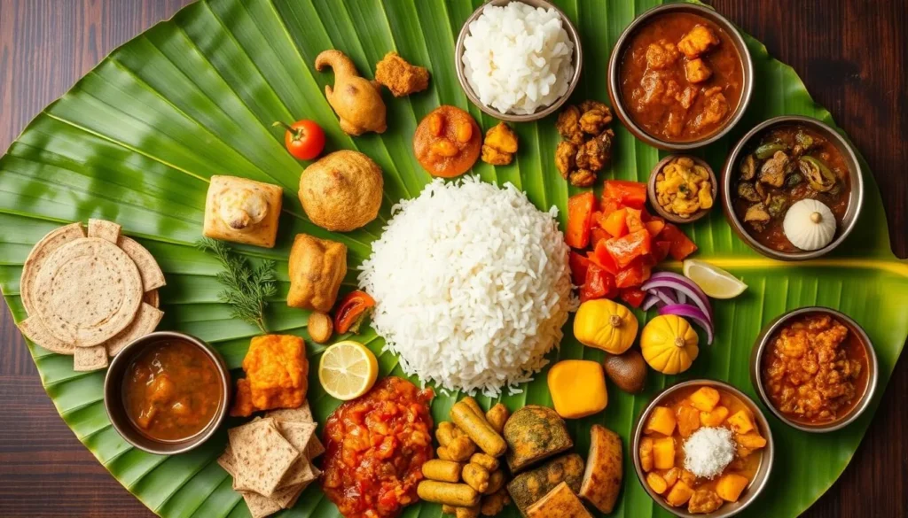 Traditional Kerala Sadhya meal served on banana leaf with various curries and rice