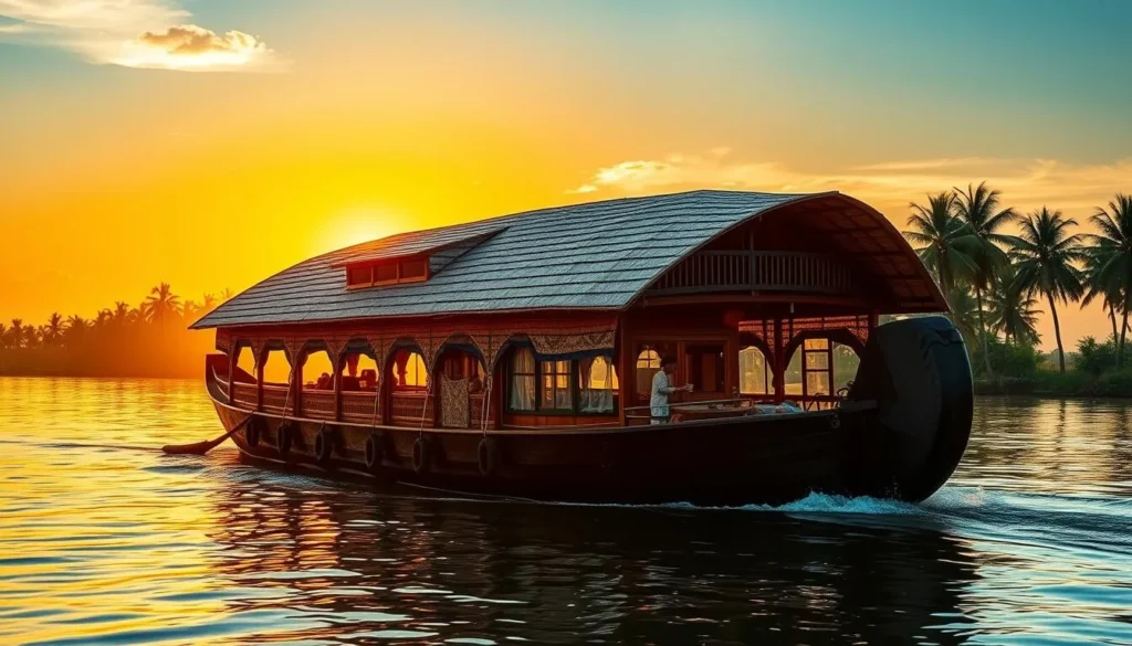 Traditional Kerala houseboat with thatched roof cruising through backwaters at sunset
