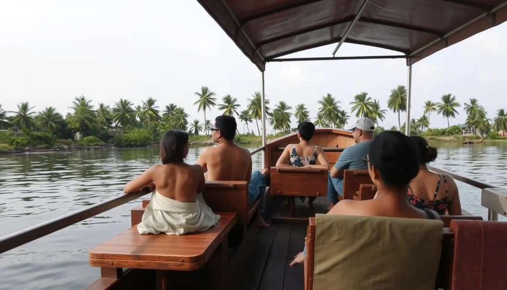 Traditional Kerala houseboat with tourists enjoying a backwater cruise in Alleppey