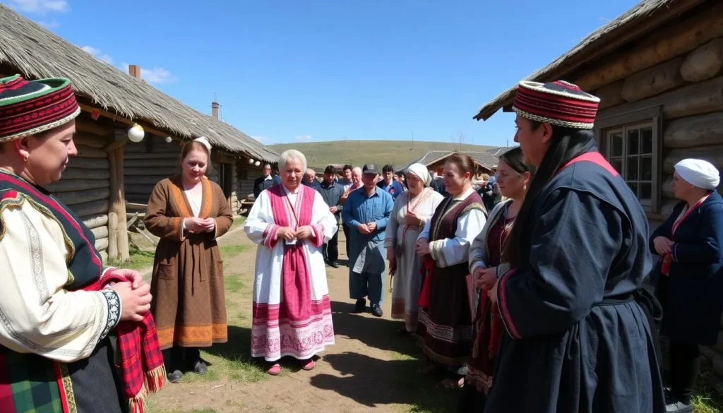 Traditional Khanty settlement with local residents in traditional clothing demonstrating crafts Traditional Khanty settlement with local residents in traditional clothing demonstrating crafts